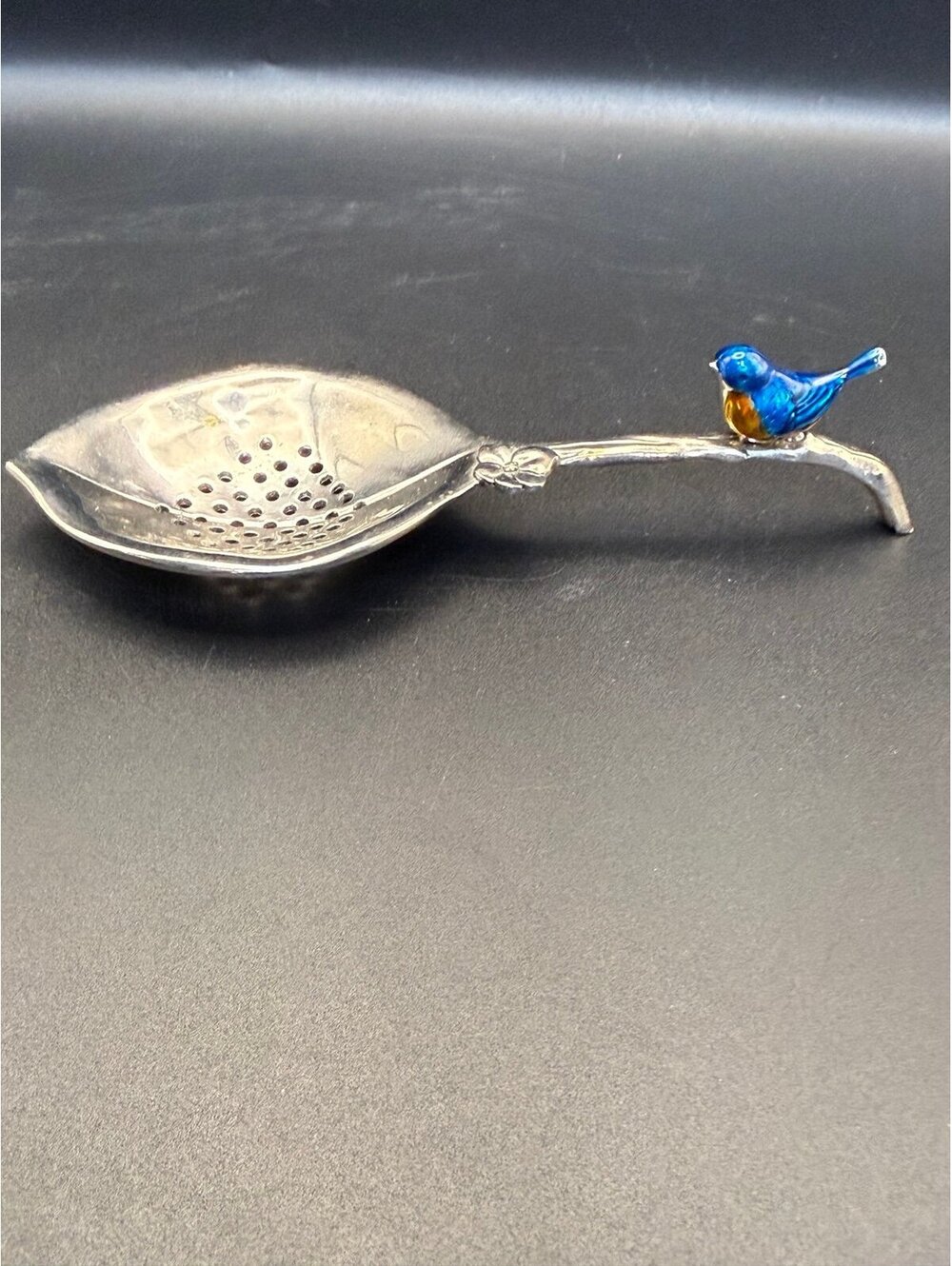 Vintage Silver Tone Tea Strainer Spoon Blue Enamel Bird Branch Handle